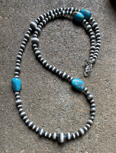 Sterling Silver Turquoise W Pearls Bead Necklace. 25 inch