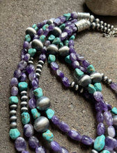Load image into Gallery viewer, Sterling Silver Multi Strand Amethyst Turquoise W Pearls Bead Necklace. 24 inch