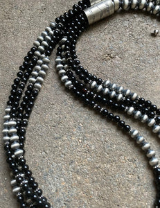 Sterling Silver Multi Strand Black Onyx W Navajo Pearls Bead Necklace. 25.5 Inch