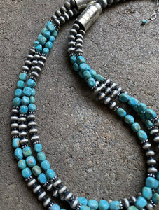 Sterling Silver Multi Strand Turquoise W Navajo Pearls Bead Necklace. 22 inch