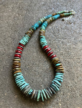 Load image into Gallery viewer, Sterling Silver Blue Green Turquoise W Red Coral Bead Necklace 19 Inch