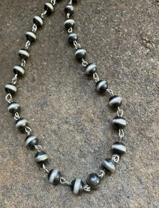 Sterling Silver 8mm Navajo Pearls Rosary Bead Necklace. 16 Inch.