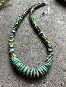 Sterling Silver Graduated Green Turquoise Bead Necklace. 19 inch