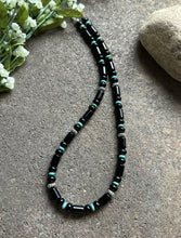 Load image into Gallery viewer, Sterling Silver Graduated Black Onyx Turquoise Bead Necklace. 20 Inch
