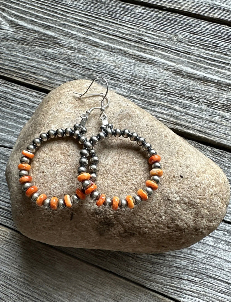 Sterling Silver Orange Spiny Oyster W Pearls Bead Hoop Earrings. 2.25 Inch.