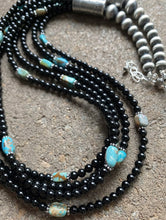 Load image into Gallery viewer, Sterling Silver Multi Strand Black Onyx with Turquoise Bead Necklace. 24 Inch