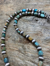 Load image into Gallery viewer, Sterling Silver Blue Green Turquoise W Navajo Pearls Bead Necklace. 18 inch