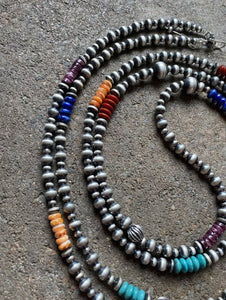 Long Sterling Silver Multi Stone Bead Necklace. 60 inch