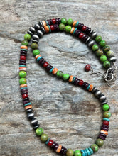 Load image into Gallery viewer, Sterling Silver Green Turquoise Spiny Multi Stone Bead Necklace. 18 Inch