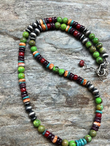 Sterling Silver Green Turquoise Spiny Multi Stone Bead Necklace. 18 Inch