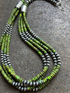 Sterling Silver Multi Strand Green Turquoise W Pearls Bead Necklace. 28 inch