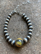 Load image into Gallery viewer, Bumblebee Jasper W Navajo Pearls Sterling Silver Bead Bracelet.