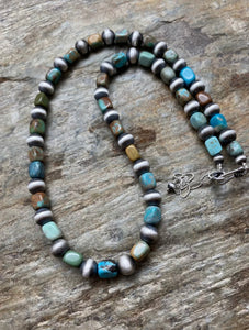 Sterling Silver Blue Green Turquoise W Navajo Pearls Bead Necklace. 18 inch