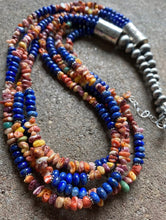 Load image into Gallery viewer, Sterling Silver Multi Strand Lapis Spiny Oyster Bead Necklace. 24 inch