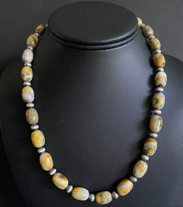 Sterling Silver Bumblebee Jasper Navajo Pearls Bead Necklace. 18 inch