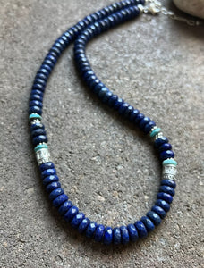 Sterling Silver Lapis W Turquoise Bead Necklace. 21 inch