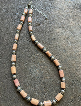 Load image into Gallery viewer, Sterling Silver Stamped Pearls Pink Coral Bead Necklace 19 inch