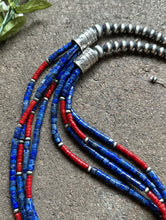 Load image into Gallery viewer, Sterling Silver Multi Strand Lapis Coral Pearls Bead Necklace. 24 inch