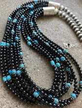 Load image into Gallery viewer, Sterling Silver Multi Strand Black Onyx with Turquoise Bead Necklace. 24 Inch