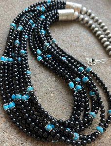 Sterling Silver Multi Strand Black Onyx with Turquoise Bead Necklace. 24 Inch