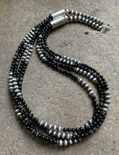 Load image into Gallery viewer, Sterling Silver Multi Strand Black Onyx W Navajo Pearls Bead Necklace. 25.5 Inch