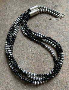 Sterling Silver Multi Strand Black Onyx W Navajo Pearls Bead Necklace. 25.5 Inch