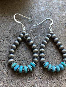 Sterling Silver Blue Turquoise W Pearls Bead Loop Earrings.