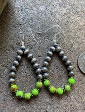 Load image into Gallery viewer, Sterling Silver Green Turquoise W Pearls Bead Loop Earrings.