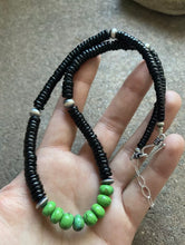 Load image into Gallery viewer, Sterling Silver Graduated Black Onyx W Green Turquoise Bead Necklace. 18 Inch