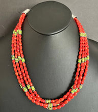 Load image into Gallery viewer, Sterling Silver Multi Strand Coral Green Turquoise Bead Necklace 22 Inch