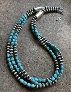 Sterling Silver Multi Strand Turquoise W Navajo Pearls Bead Necklace. 22 inch