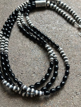 Load image into Gallery viewer, Sterling Silver Multi Strand Black Onyx W Pearls Bead Necklace. 26 Inch