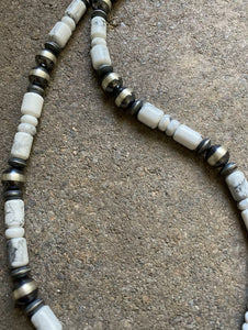Sterling Silver White Buffalo Turquoise W Navajo Pearls Bead Necklace. 23.5 inch