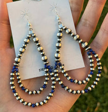 Load image into Gallery viewer, Sterling Silver Pearls Double Loop Lapis Bead Earrings.