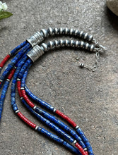 Load image into Gallery viewer, Sterling Silver Multi Strand Lapis Coral Pearls Bead Necklace. 24 inch