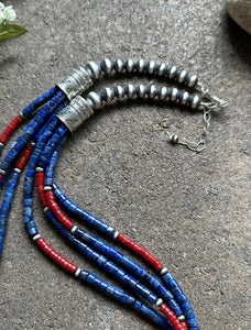 Sterling Silver Multi Strand Lapis Coral Pearls Bead Necklace. 24 inch