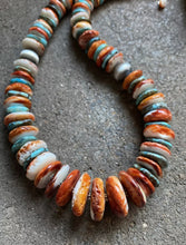 Load image into Gallery viewer, Sterling Silver Graduated Turquoise W Spiny Oyster Bead Necklace. 18 inch