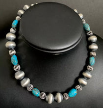 Load image into Gallery viewer, Sterling Silver Turquoise W Navajo Pearls Choker Bead Necklace. 14 inch