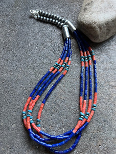 Sterling Silver Multi Strand Stone Lapis Bead Necklace. 24 inch