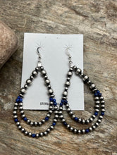 Load image into Gallery viewer, Sterling Silver Pearls Double Loop Lapis Bead Earrings.