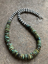 Load image into Gallery viewer, Sterling Silver Graduated Green Turquoise Bead Necklace. 18 inch