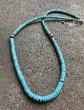 Load image into Gallery viewer, Sterling Silver Graduated Blue Turquoise Heishi Bead Necklace. 18 inch