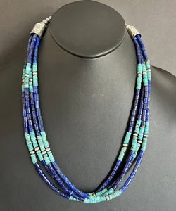 Sterling Silver Multi Strand Stone Lapis Turquoise Bead Necklace. 24 inch