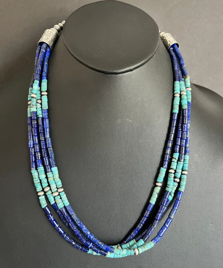 Sterling Silver Multi Strand Stone Lapis Turquoise Bead Necklace. 24 inch