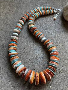 Sterling Silver Graduated Turquoise W Spiny Oyster Bead Necklace. 18 inch