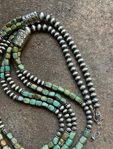 Sterling Silver Multi Strand Green Turquoise Bead Necklace. 30 inch