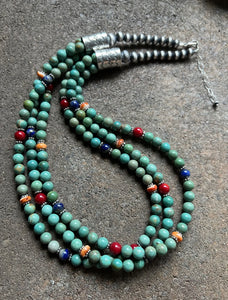 Sterling Silver Green Turquoise Multi Strand Multi Stone Bead Necklace. 24 inch