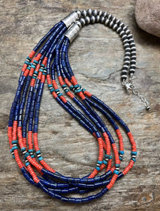 Sterling Silver Multi Strand Multi Stone Lapis Bead Necklace. 30 inch
