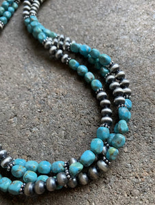 Sterling Silver Multi Strand Turquoise W Navajo Pearls Bead Necklace. 22 inch