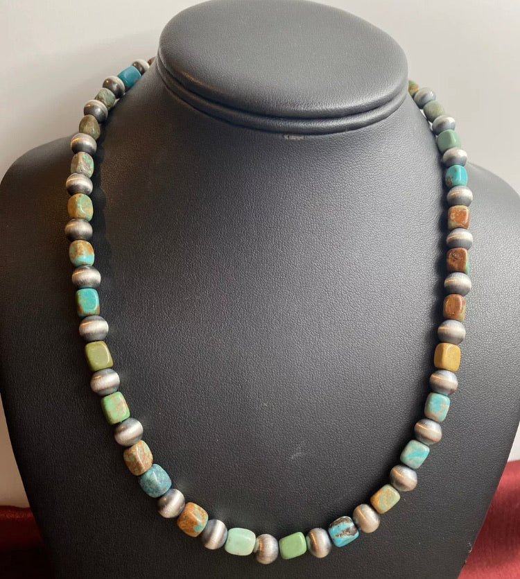 Sterling Silver Blue Green Turquoise W Navajo Pearls Bead Necklace. 18 inch